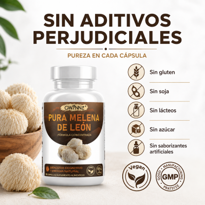 GWYNNE Pura Melena de León 1200 mg,apoyo Foco y cognición,90 Cápsulas