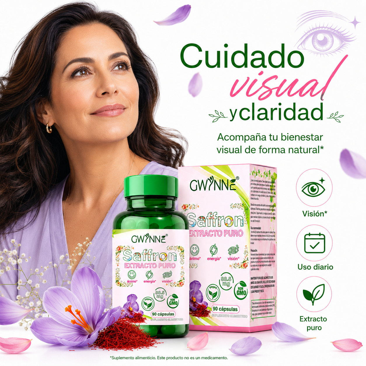 Gwynne Azafrán Puro Orgánico 88.5mg,extracto De Saffron Feliz Para Aumentar La Energía Y El Estado De Ánimo,apoyar La Salud Ocular,90 Cápsulas