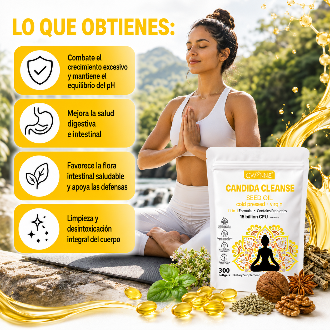 Gwynne Candida Cleanse Seed Oil Cápsulas,hierbas Naturales Para La Desintoxicación Intestinal Con 15 Billion Cfu,300 Cápsulas,11-in-1 Formula Con Hoja De Orégano,ácido Caprílico Y Probiotics