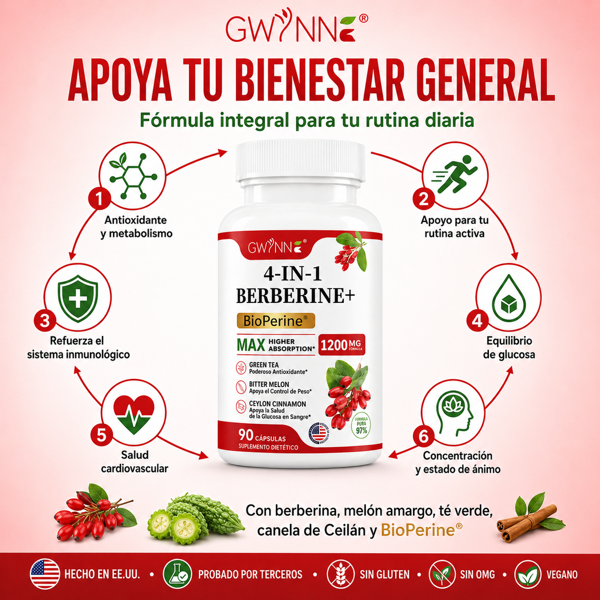 Gwynne 4 En 1 Berberina Y Bioperine 1200mg Con Melón Amargo,canela De Ceilán Y Extracto De Té Verde,apoyo A La Salud Del Corazón,sistema Inmunológico,gi Saludable,90 Cápsulas