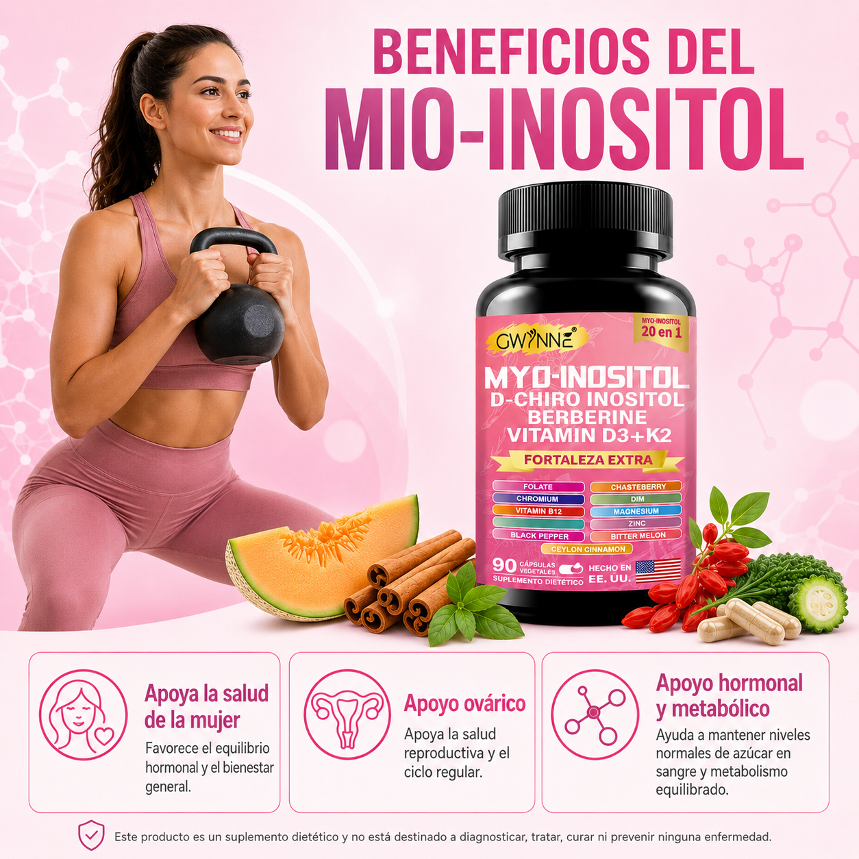 Gwynne Suplemento De Cortisol 90 Cápsulas + Suplemento De Inositol Myo-inositol Y D 90 Cápsulas,con Glicinato De Magnesio,vitamina B12 Y K2