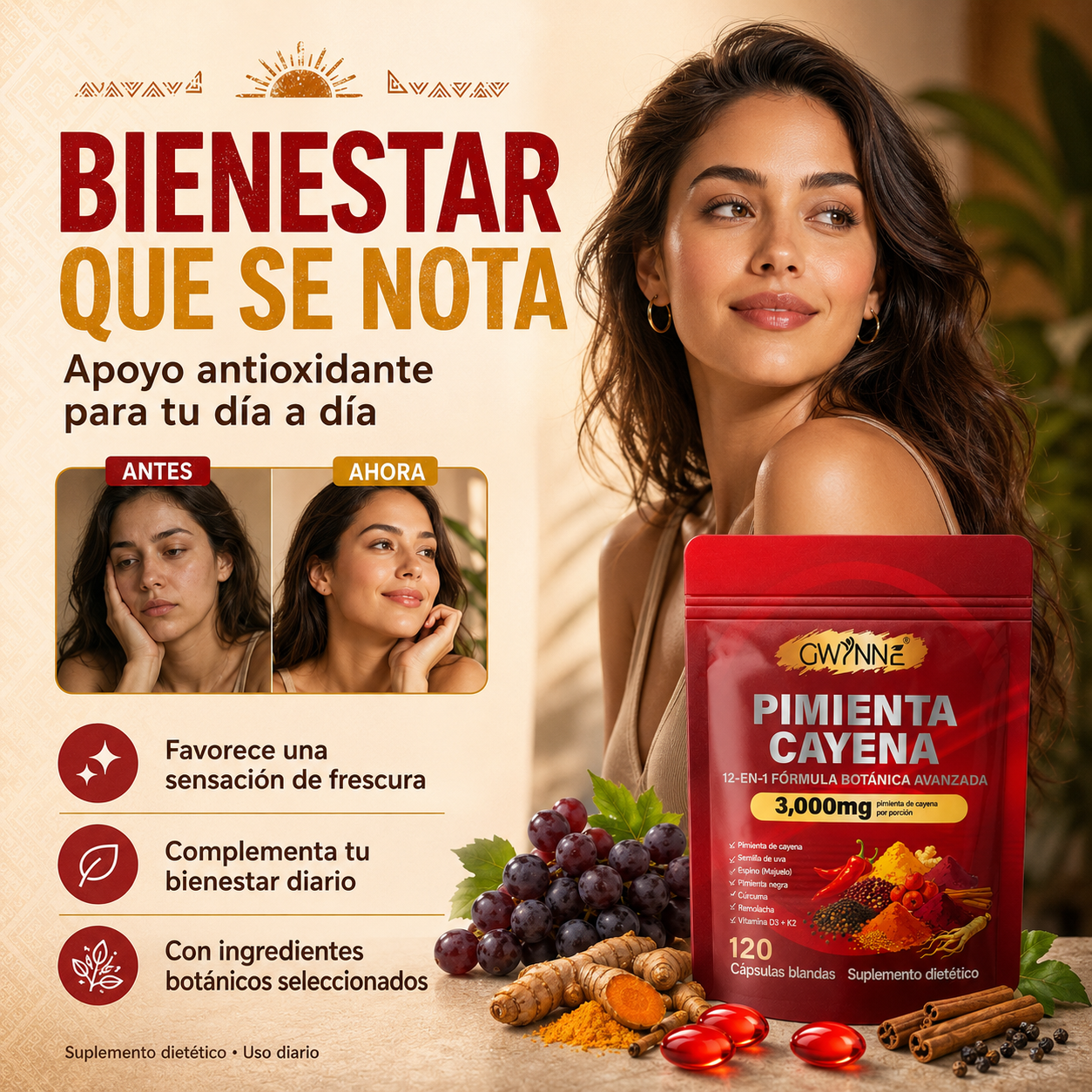 Gwynne Pimienta Cayenne 3000mg 120 Cápsula,suplemento 12 En 1 Con Vitaminas D3,k2 Y E,apoya La Circulación Saludable Y La Energía Diaria,características Berberina,remolacha Y Cúrcuma