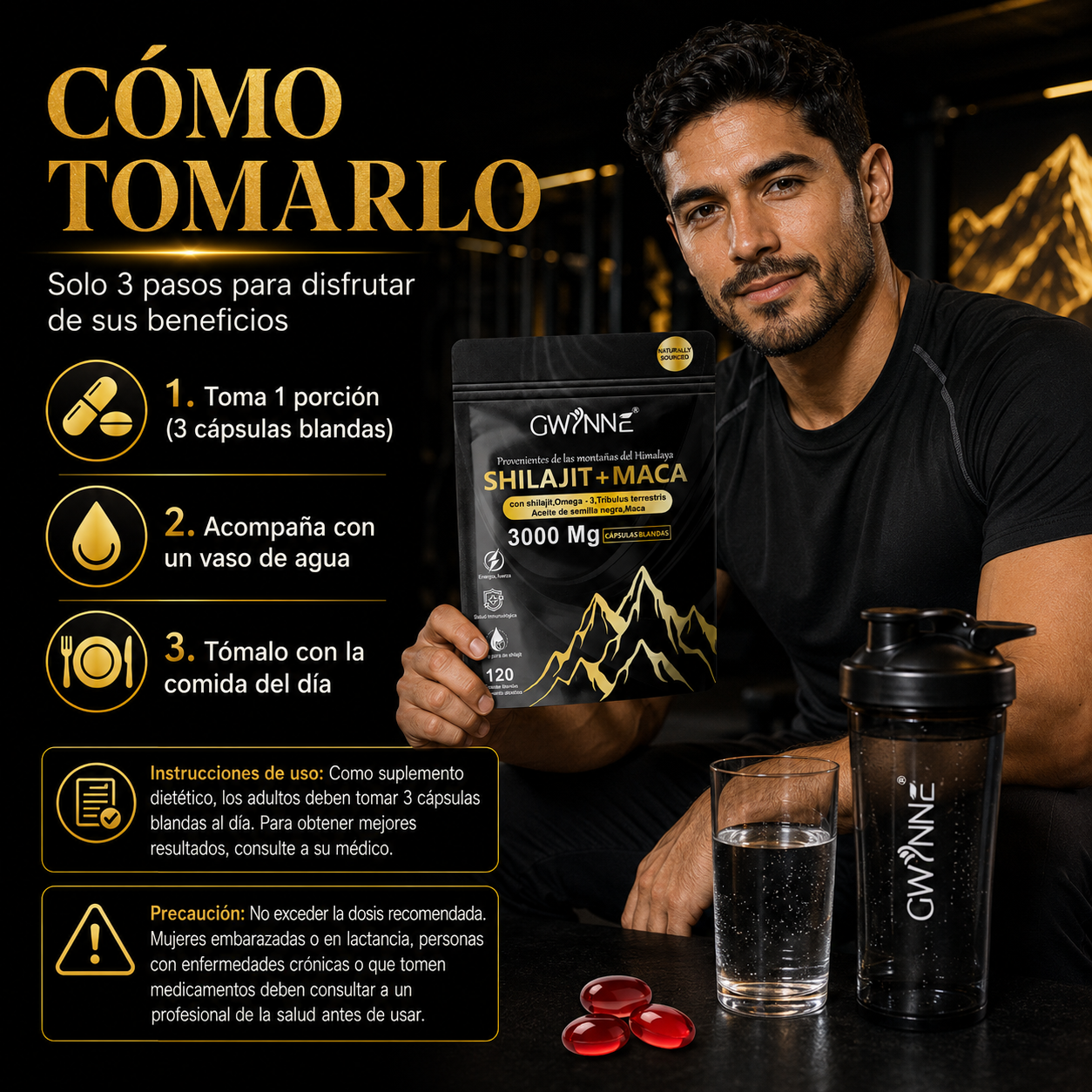 Gwynne Shilajit + Maca Del Himalaya 120 Cáps,con Shilajit 3000mg,omega-3,tribulus Y Maca,salud Cardio-cerebra,aumento De Energia,antiinflamatorio Y Antioxidante