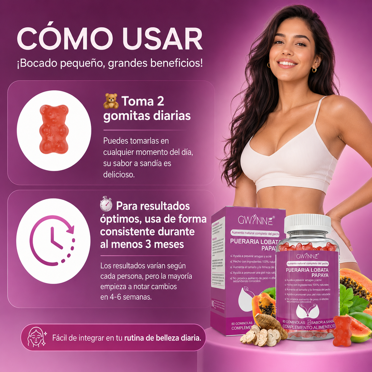 Gwynne Puro Natural Aumento De Mamas Lifting De Glúteos,con Pueraria Mirifica 1000mg Y Extracto De Papaya 500mg,apoyo Al Crecimiento Mamario,piel Sana,estrógeno,60 Gominolas