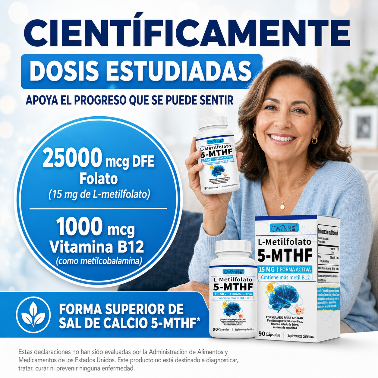 Gwynne L-metilfolato 15mg Plus Metil B12 Cofactor,alta Potencia,forma Activa De 5-mthf,soporta El Mood,metilación Y Cognición,90 Cápsulas,formas Bioactivas De Vitamina B12