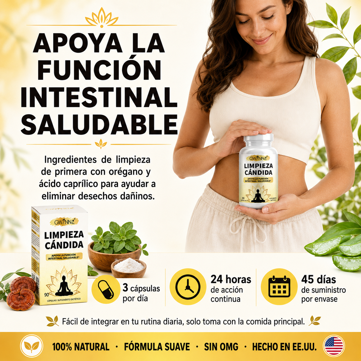 Gwynne Limpieza Cándida 90 Cápsulas Con Orégano,ácido Caprílico Y Probióticos,gut Y Colon Support,desintoxicación Intestinal