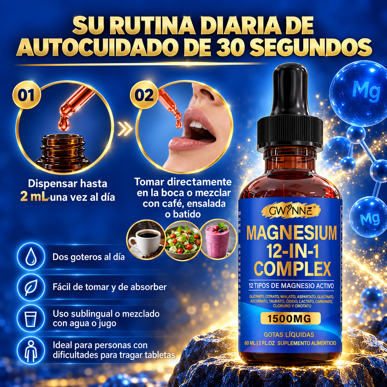 GWYNNE Complejo de Magnesio 12 en 1 Gotas Líquidas 1500mg,60ml,con Glicinato de Magnesio,Citrato de Magnesio,Malato de Magnesio,etc,para Bienestar Nervioso y Relajación