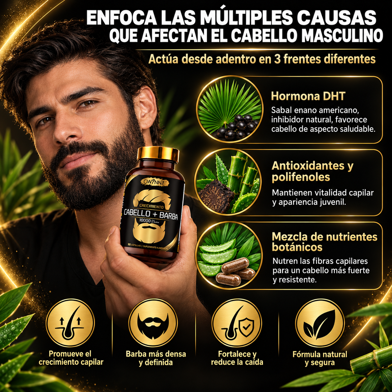 Gwynne crecimiento Cabello y Barba Suplemento 90 Cápsulas con Biotina,Zinc