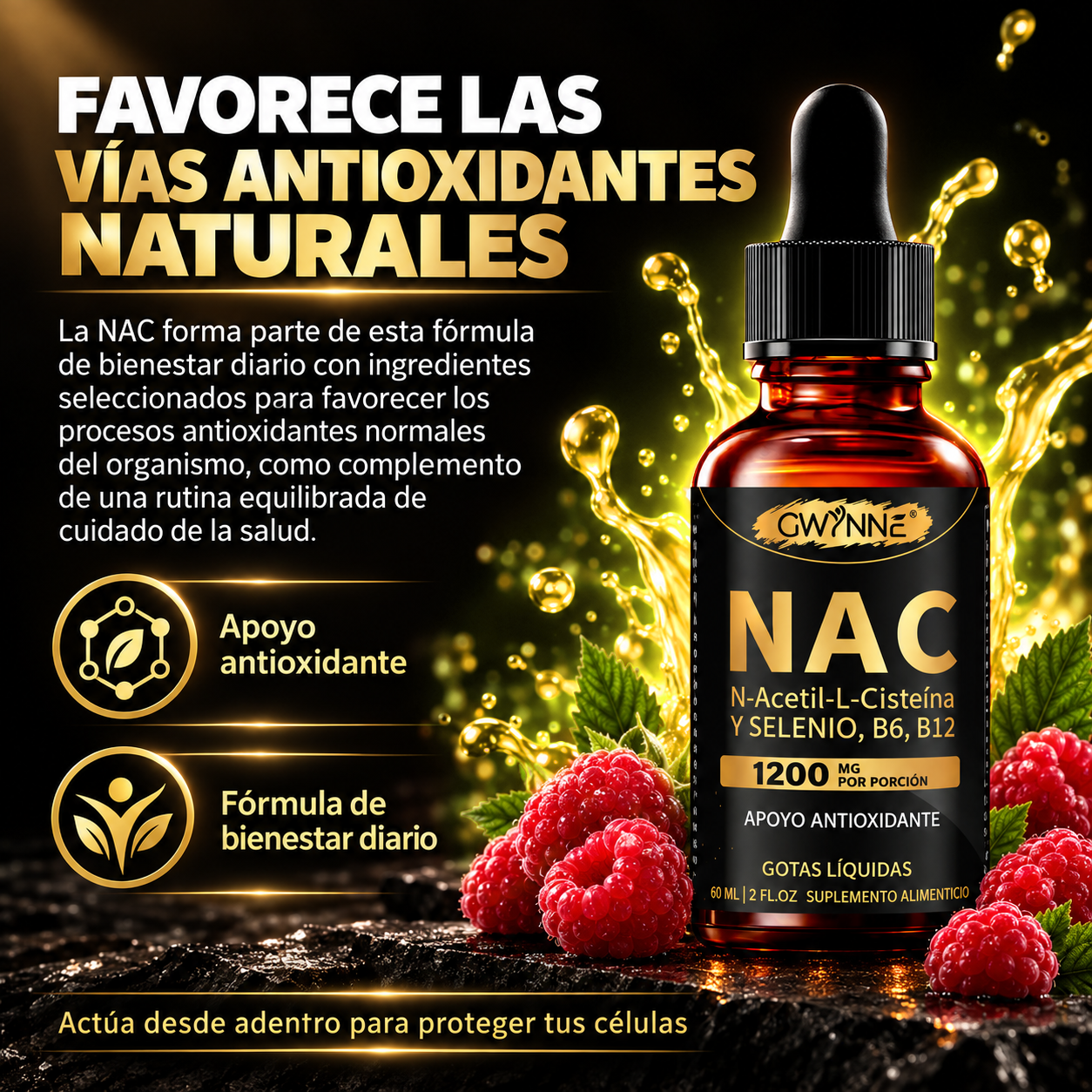 Gwynne Nac N-acetil-l-cisteína 1200mg Gotas 60ml, Con Vitamina B6,B12 Y Selenio,apoyo Antioxidante,inmunológico Y Respiratorio