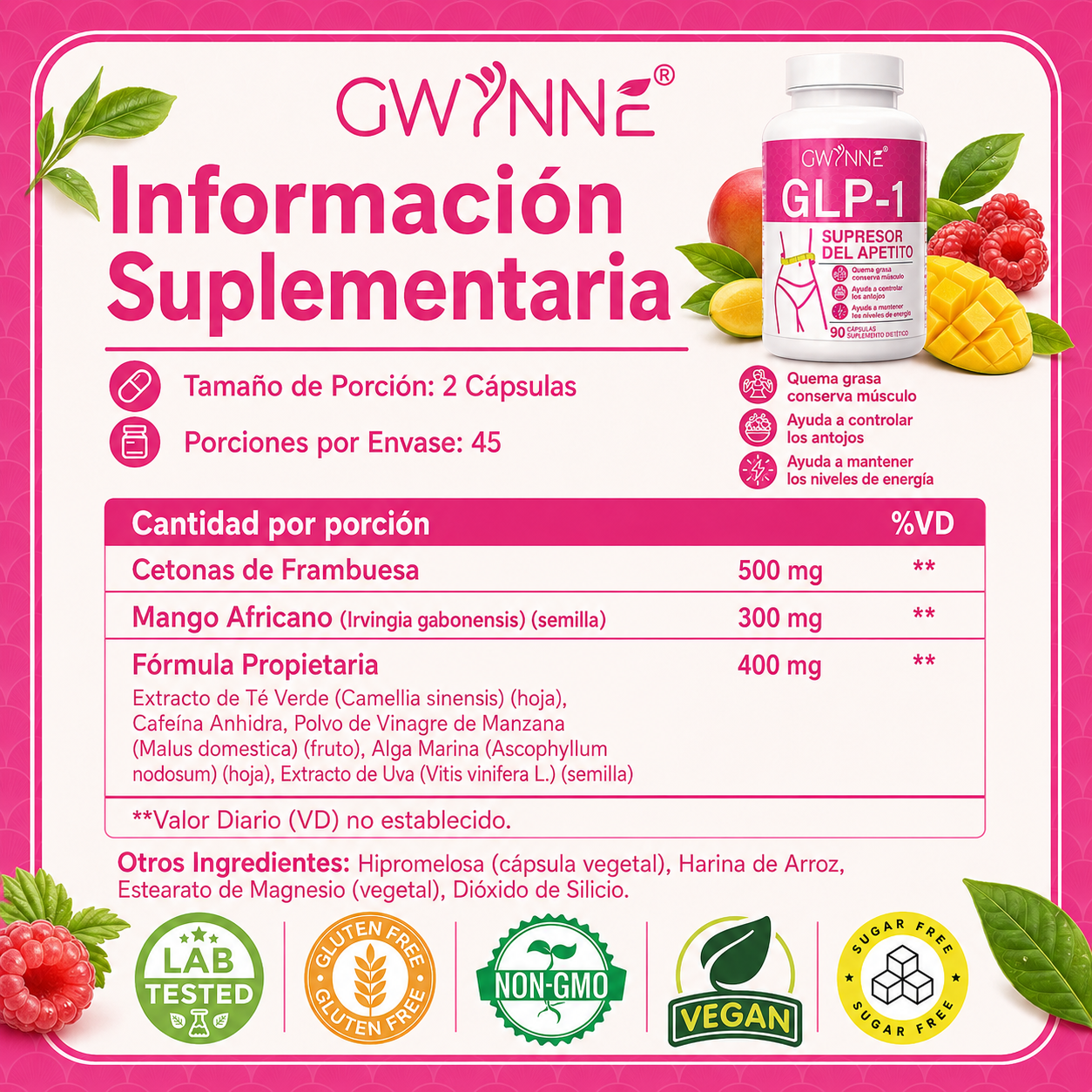 Gwynne Suplementos De Supresor Del Apetito Glp-1,con Cetonas De Frambuesa,mango Africano,apoya El Metabolismo, La Absorción Nutricional,inhibición Del Apetito Y La Digestión,90 Cápsulas