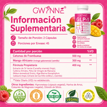 Gwynne Suplementos De Supresor Del Apetito Glp-1,con Cetonas De Frambuesa,mango Africano,apoya El Metabolismo, La Absorción Nutricional,inhibición Del Apetito Y La Digestión,90 Cápsulas