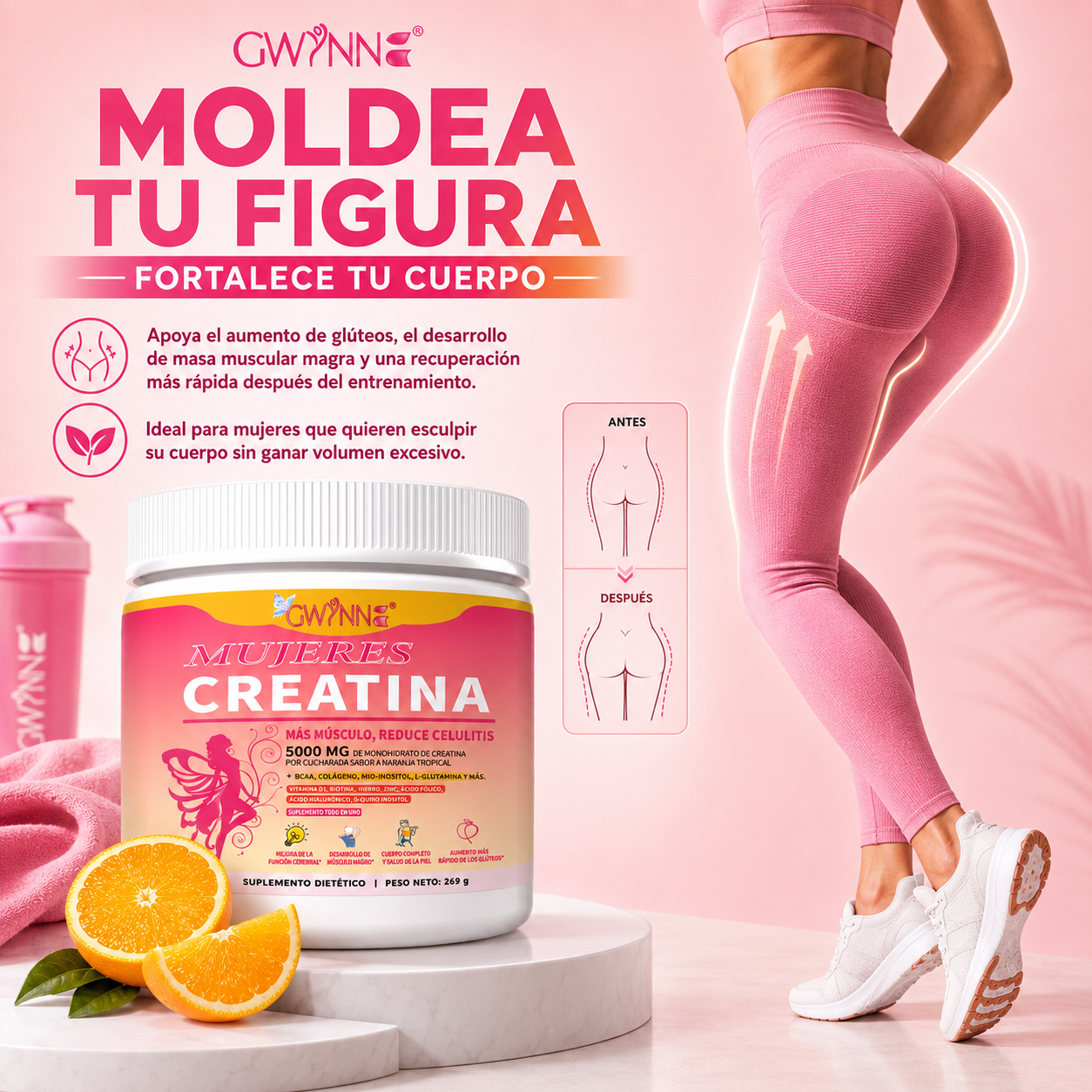 Gwynne Suplemento De Creatina Para Mujeres 269g-5000mg De Creatina,con Colágeno,mioinositol Y Bcaa,apoya El Desarrollo Muscular,la Elasticidad De La Piel,el Cabello Saludable Y Las Uñas