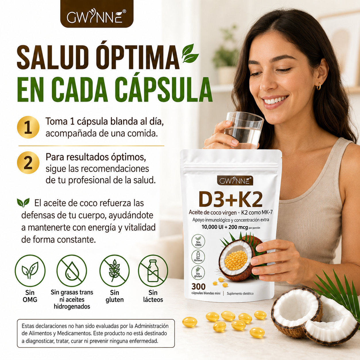 Gwynne Vitamina D3 10.000ui + K2 Mk-7 200mcg,2 En 1 Aceite De Coco Vírgenapoyo Óseo,inmunológico Y Cardíaco,300 Cáps