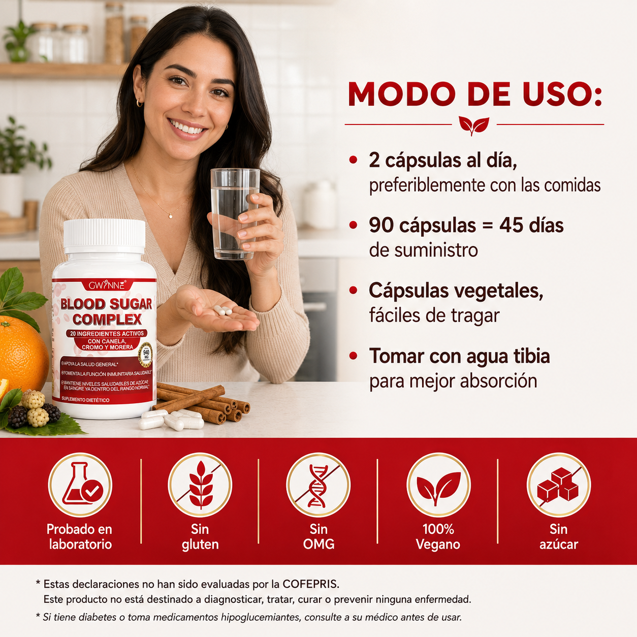 Gwynne Blood Sugar Complex Supplement,apoya Niveles Saludables De Azúcar En La Sangre,ya Dentro Del Rango Normal,con Vitaminac,e,biotina,magnesio,cromo,90 Capsules