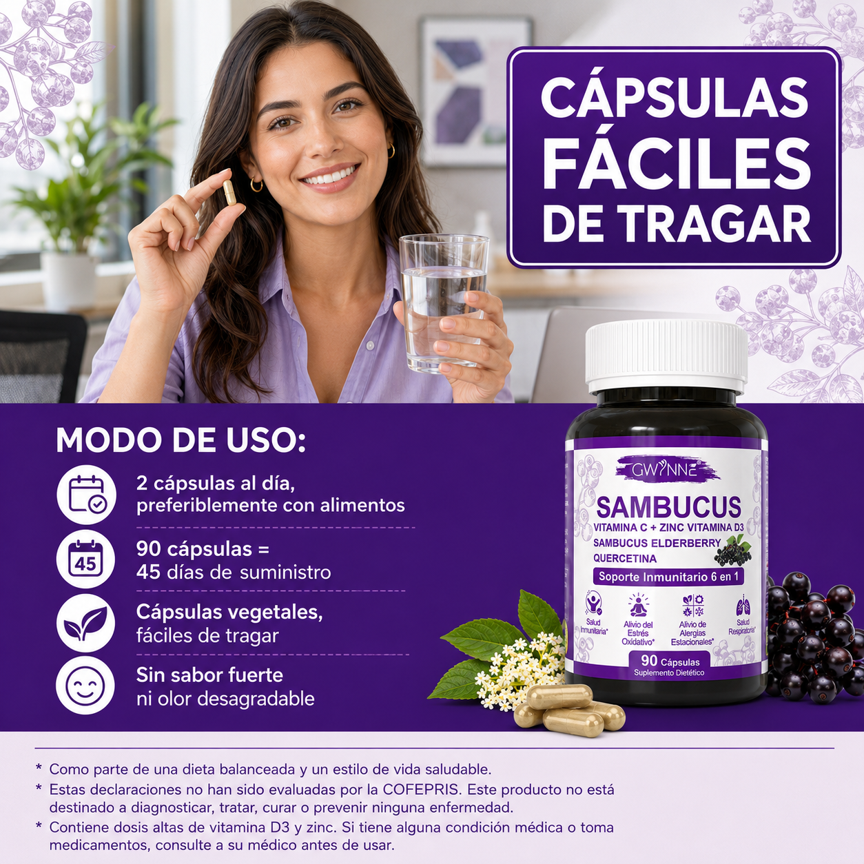 Gwynne Sambucus 6 En 1 Suplemento Con Extracto De Sauco 1000mg,vitamina C,d3,zinc Y Quercetina,soporte Inmunitario,alivio De Alergias Y Salud Respiratoria,90 Cápsulas