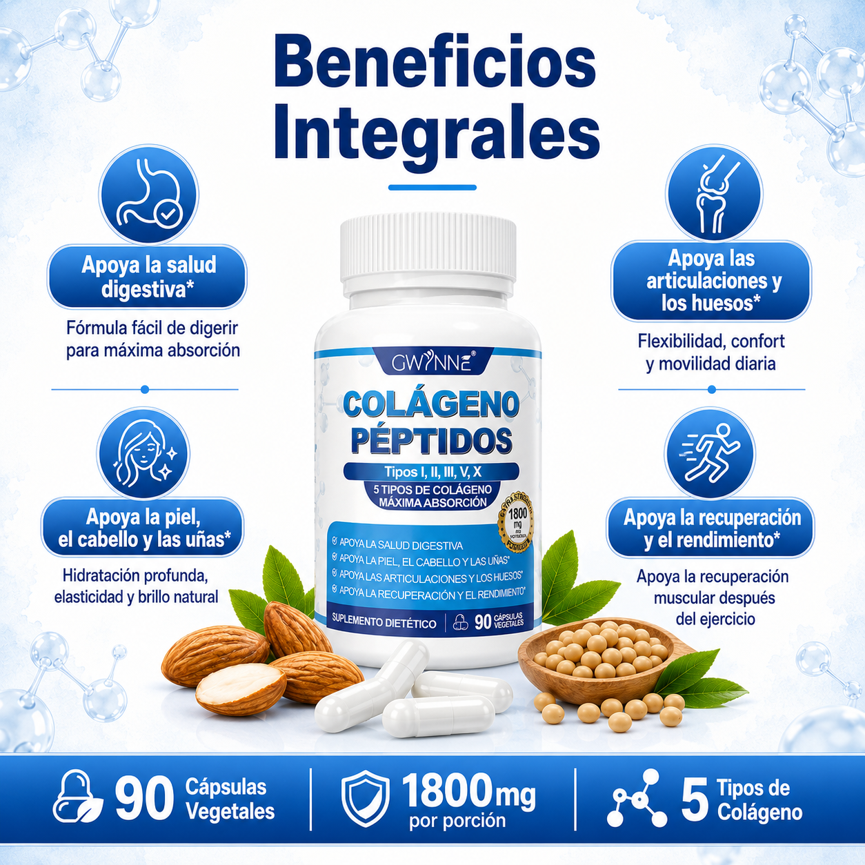Gwynne Péptidos De Colágeno Múltiples 1800 Mg Complejo 90 Cápsulas-tipo I,ii,iii,v,x Complejo De Colágeno Premium Para Una Mejor Piel Y Cabello,articulación Fuerte,proteína Hidrolizada