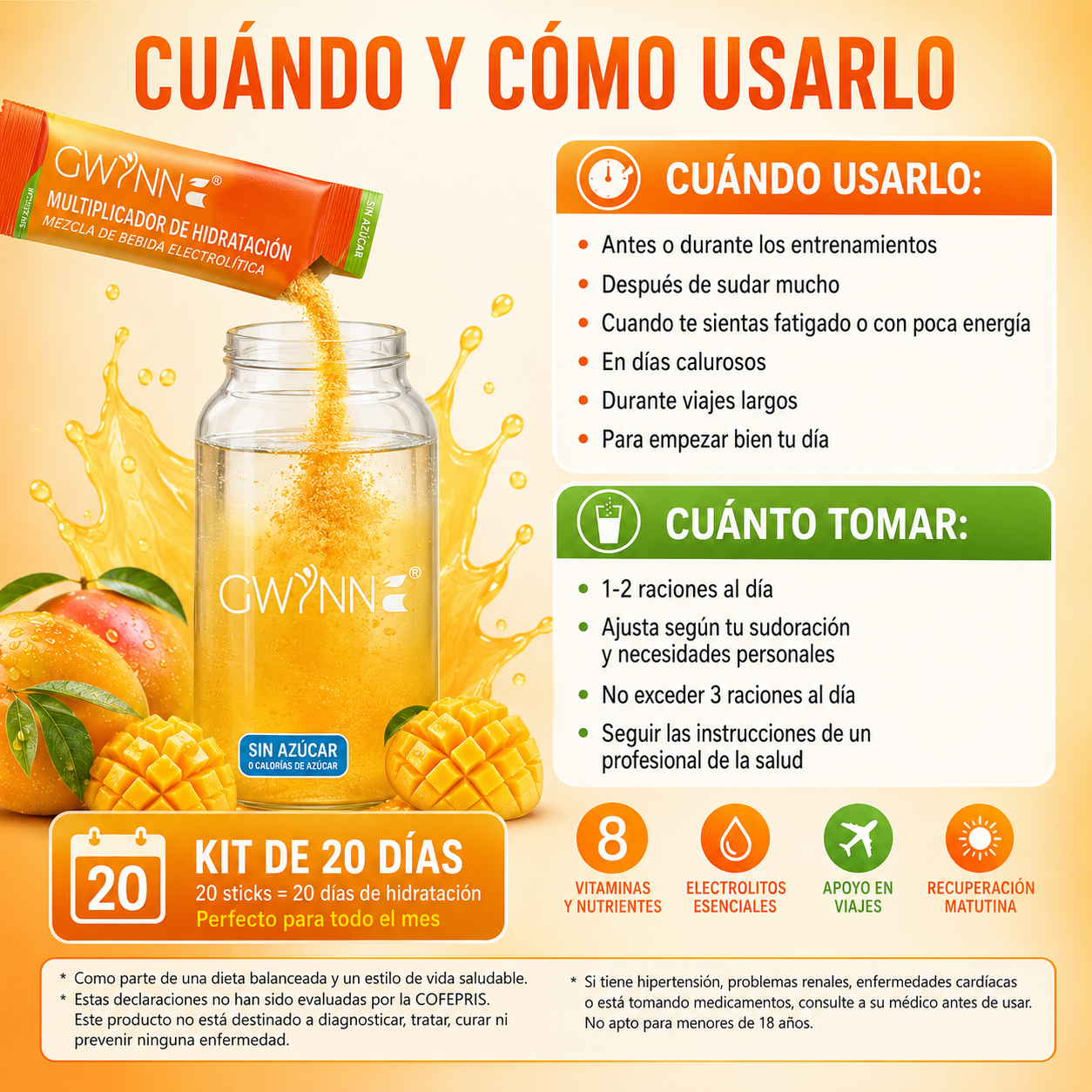 Gwynne Multiplicador De Hidratacion Mezcla De Bebida Electrolitica,supercalm Nutricional Bebidas Mixtas En Polvo Con Sodio ,vitamina C Y B12,sabor A Mango 20 Unidade