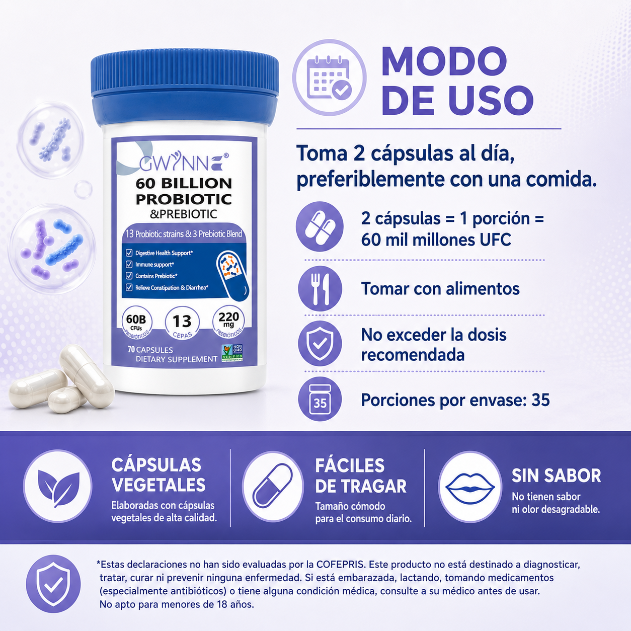 Gwynne vaginal Probióticos 60 Billion De Ucf 70 Cápsula,13Strains + 3Prebióticos Mezcla,salud Inmune,digestiva E Intestinal-Apoya El Estreñimiento,la Diarrea,apoyo Inmunológico Para Mujeres Y Hombres
