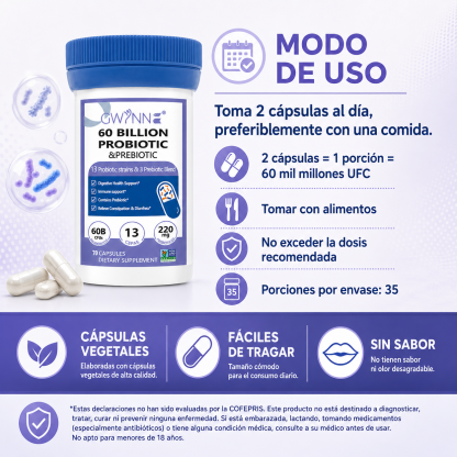Gwynne vaginal Probióticos 60 Billion De Ucf 70 Cápsula,13Strains + 3Prebióticos Mezcla,salud Inmune,digestiva E Intestinal-Apoya El Estreñimiento,la Diarrea,apoyo Inmunológico Para Mujeres Y Hombres
