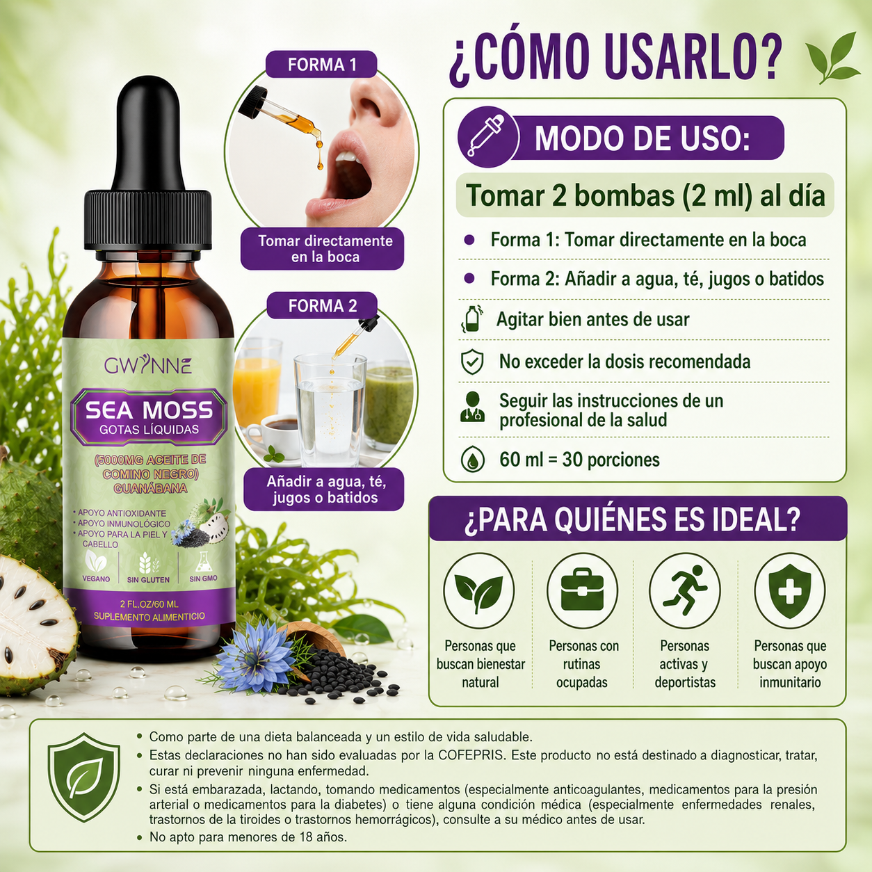 Gwynne Gotas Líquidas De Musgo Marino 5000mg 60ml - Irish Sea Moss Black Seed,suplemento Multimineral De Musgo Marino Apoyo Antioxidante, Inmunitario, Salud Intestinal