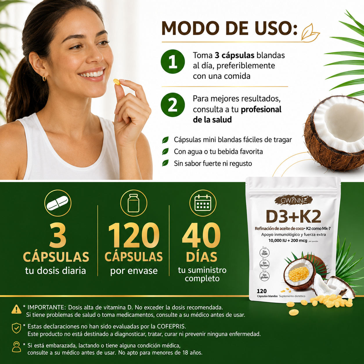 Gwynne Vitamina D3 10.000ui + K2 Mk-7 200mcg,120cápsulas  2 En 1 Aceite De Coco Vírgenapoyo Óseo,inmunológico Y Cardíaco