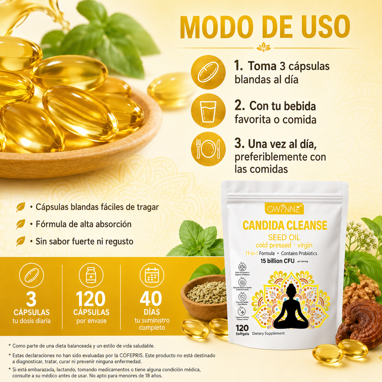 Gwynne Candida Cleanse Seed Oil 120 Cápsulas,hierbas Naturales Para La Desintoxicación Intestinal Con 15 Billion Cfu,11-in-1 Formula Con Hoja De Orégano,ácido Caprílico Y Probiotics