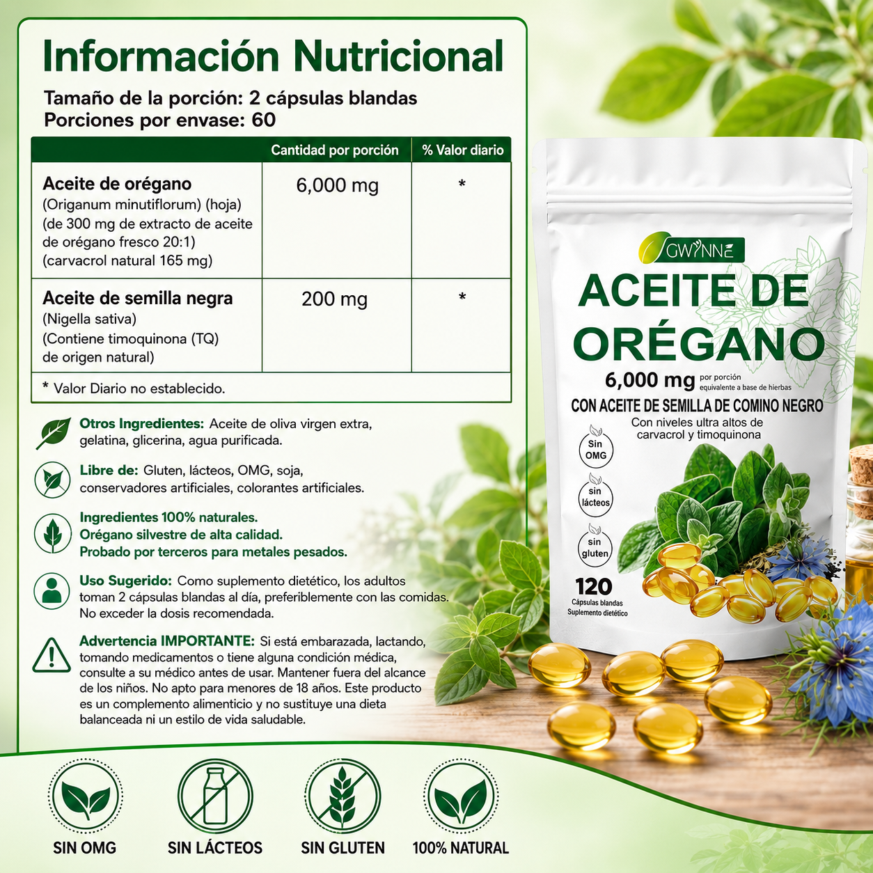 Gwynne Micro Ingredients Aceite De Orégano Cápsulas Oil Of Oregano Blandas 6000mg Por Dosis 120 Cápsulas
