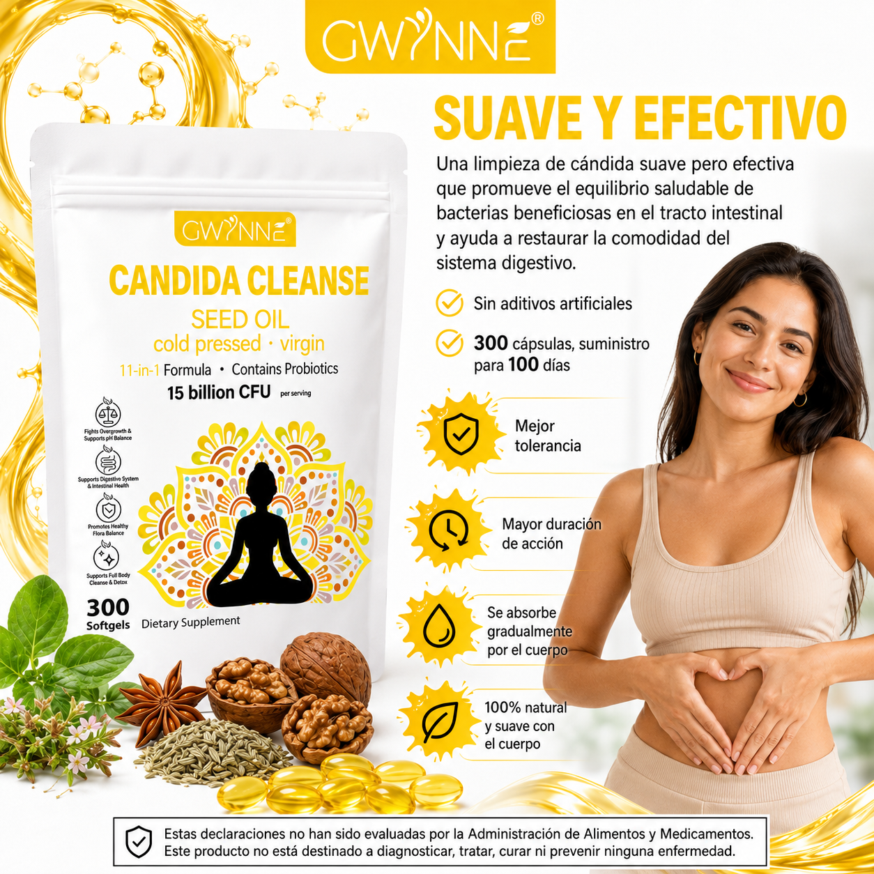 Gwynne Candida Cleanse Seed Oil Cápsulas,hierbas Naturales Para La Desintoxicación Intestinal Con 15 Billion Cfu,300 Cápsulas,11-in-1 Formula Con Hoja De Orégano,ácido Caprílico Y Probiotics