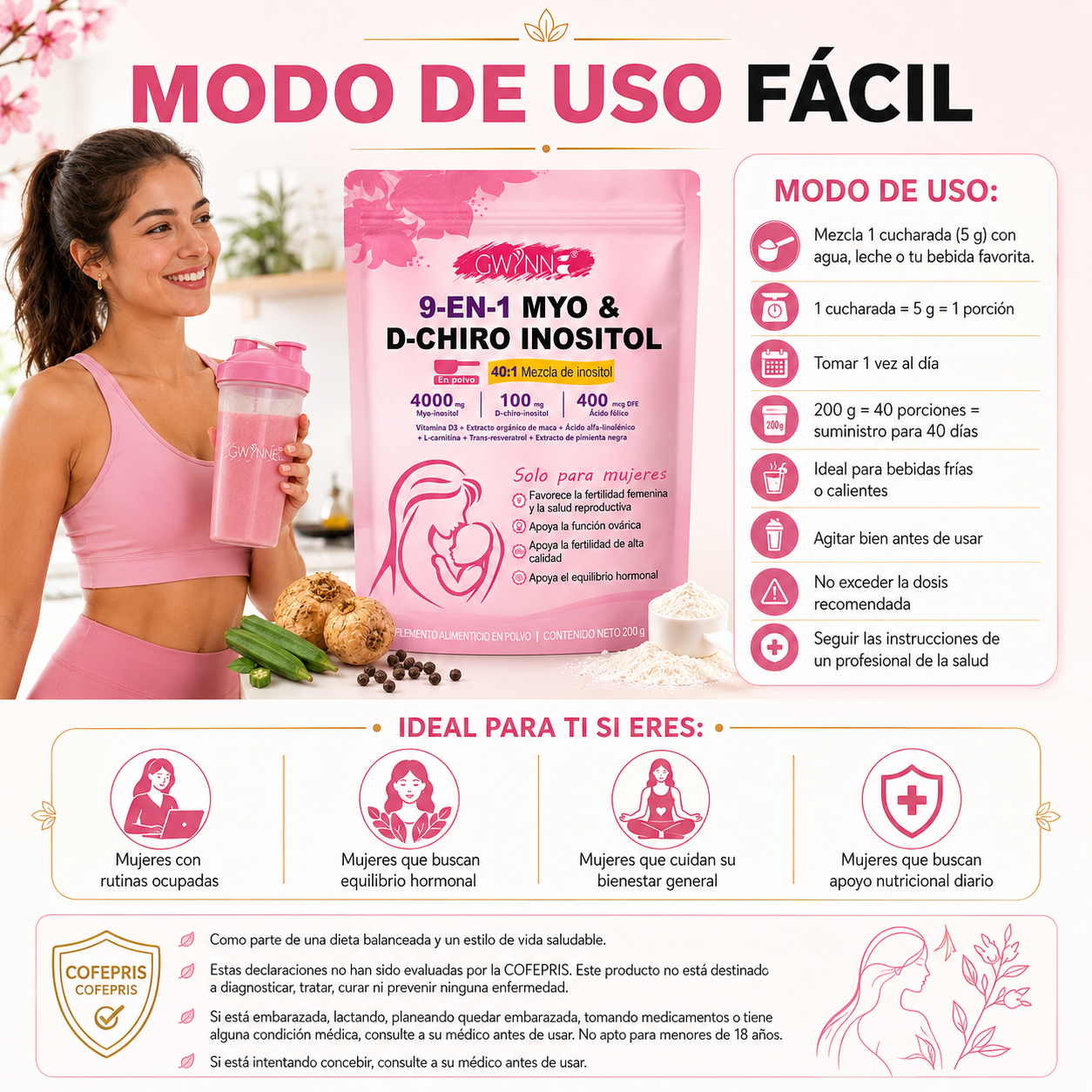 GWYNNE 40:1 Myo Y D Chiro Inositol Inositol En Polvo 250g