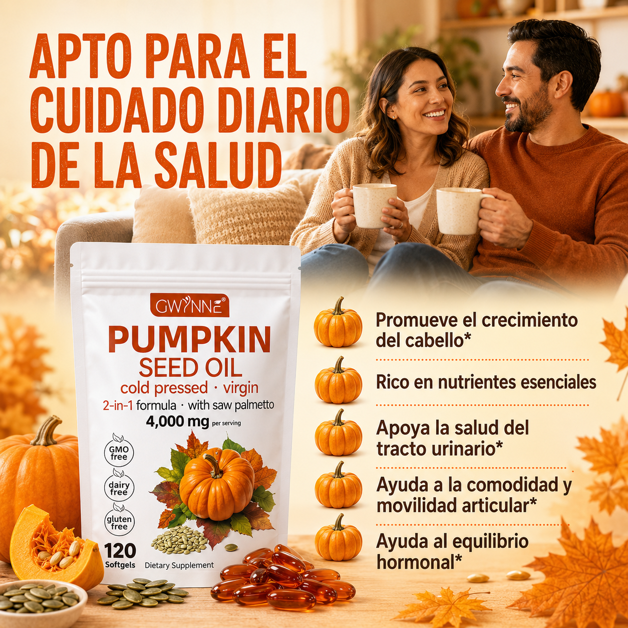Gwynne 4000mg Cápsulas De Aceite De Semilla De Calabaza,Cold Pressed,Pure Virgin Oil,Apoyar la salud del cabello,el sistema urinario y la próstata,rico En Ácidos Grasos y Phytosterols 120cápsulas