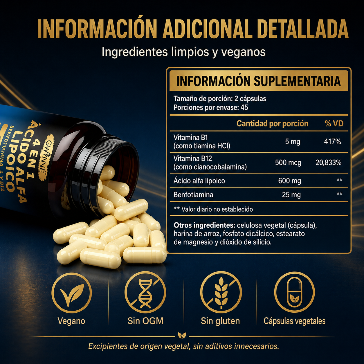 Gwynne 4 En 1 Ácido Alfa Lipoico 600mg 90 Cápsulas,suplemento Antioxidant, Para Los Nervos,energía Y Apoyo Al Metabolismo,con Benfotiamina,b1 Y B12