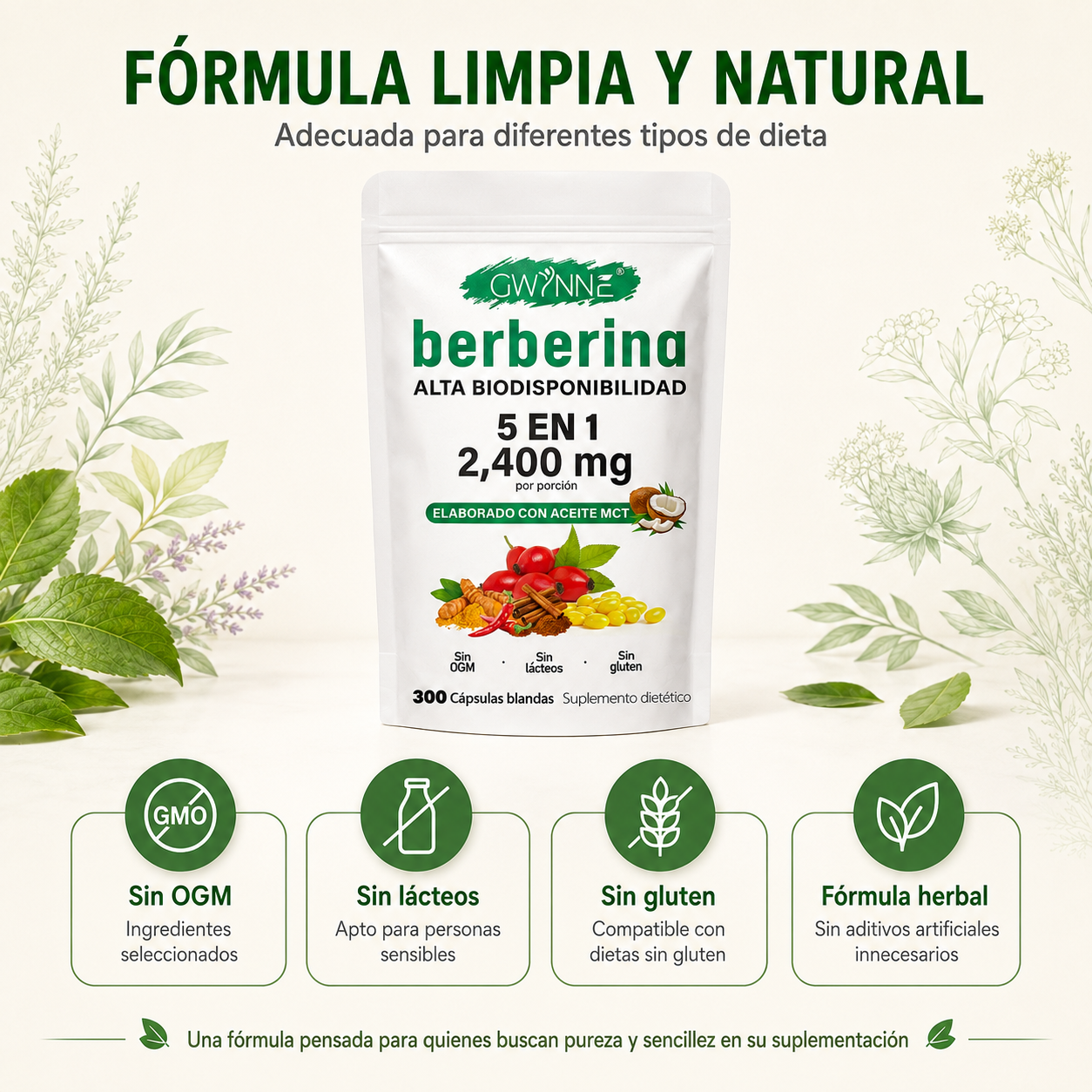Berberina De 300 Cápsulas Blandas De 500mg *4 Pure Berberine GWYNNE