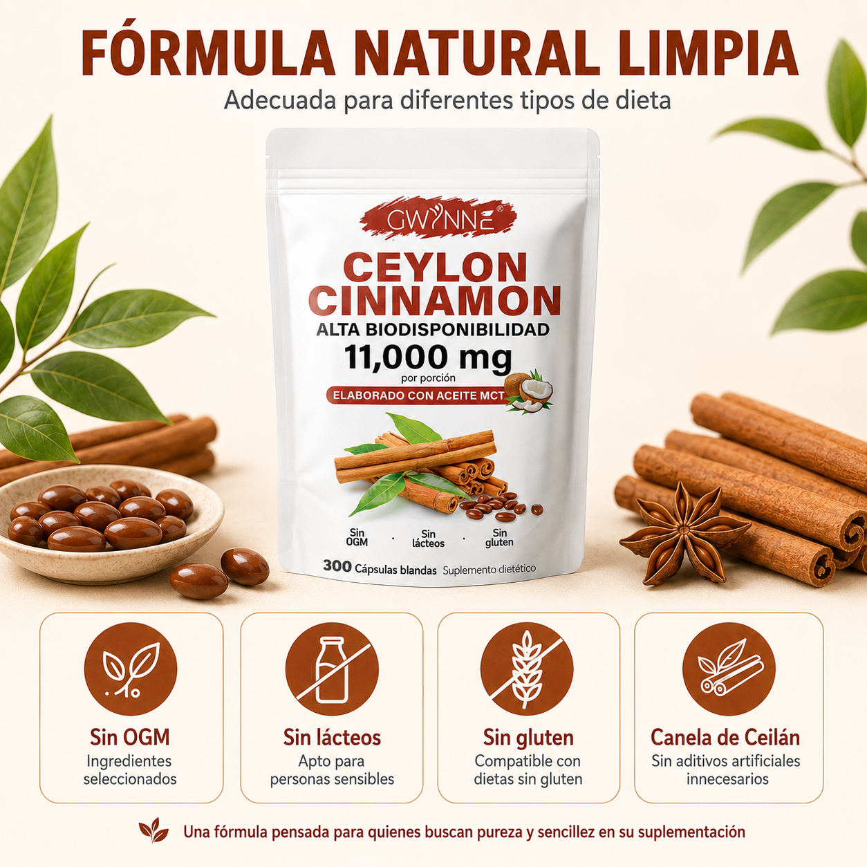 GWYNNE Ceylon Cinnamon 300 Capsules 20:1 con Aceite MCT,alta biodisponibilad 11000mg