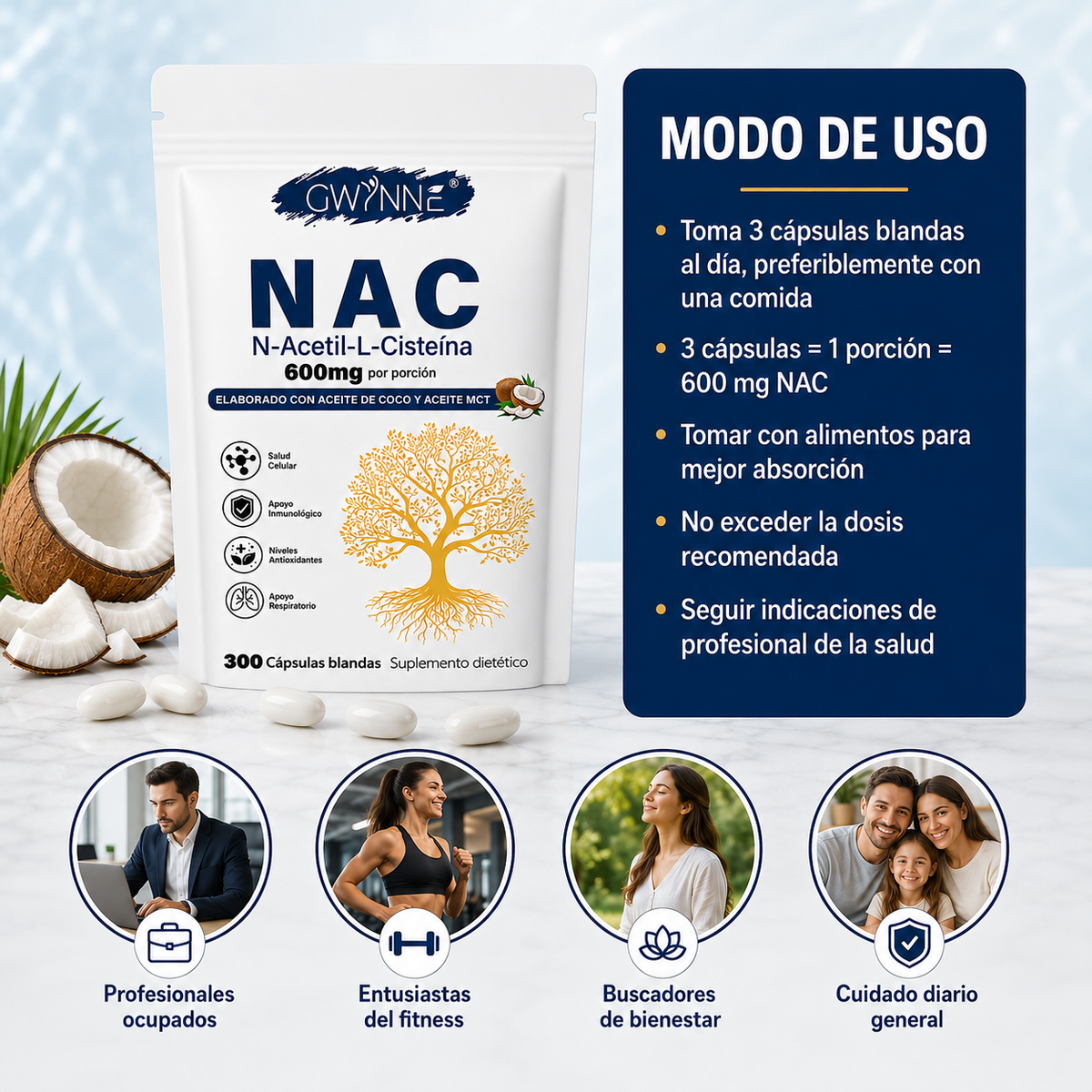 Gwynne Nac N-acetil-l-cisteína 600 Mg 300 Cápsulas,con Dinucleótido De Adenina Y Nicotinamida, Propiedades Antioxidantes,favorece Las Defensas Naturales Y El Bienestar Respiratorio General 