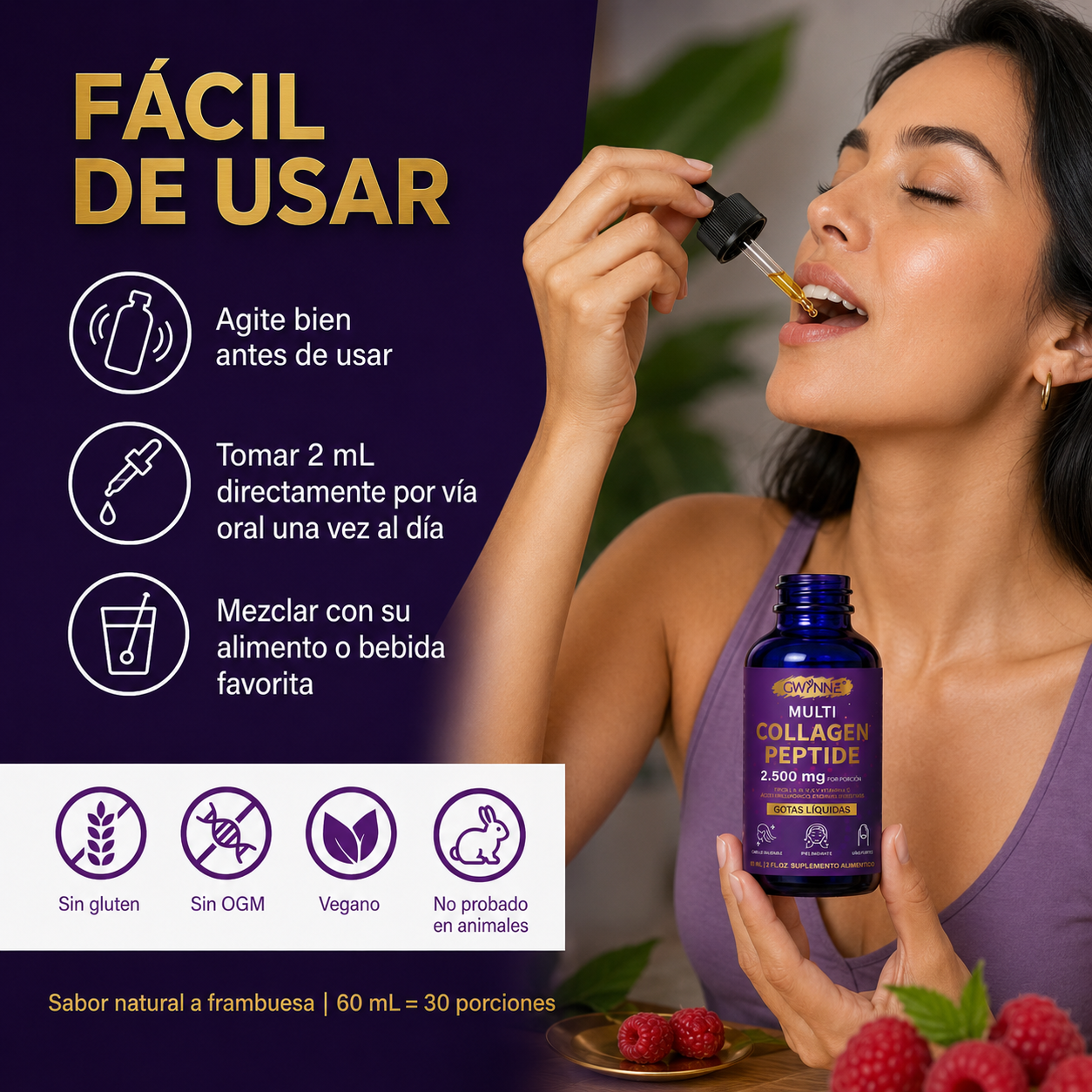 Gwynne Péptidos de Colágeno Múltiples Gotas 2500 mg,con Biotina y Ácido Hialurónico, complemento para el cuidado diario del cabello,la piel y las articulaciones,60ml