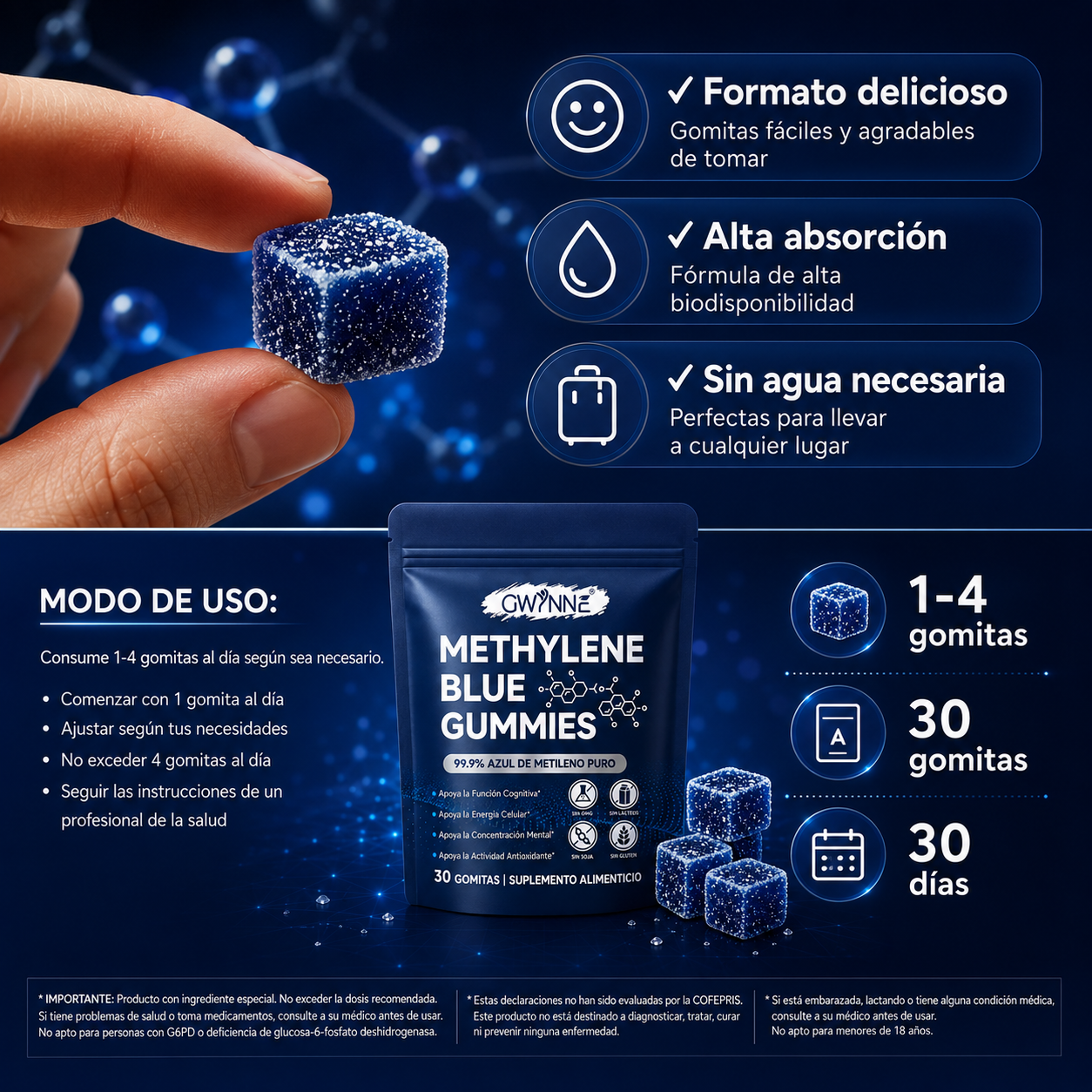 Gwynne Methylene Blue Gummies,99.9% Azul De Metileno Puro Grado Usp,apoyo A La Energía Celular Y Función Cognitiva,30 Gummies