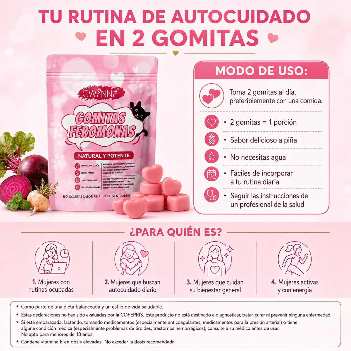 Gwynne Gummies Feromonas Con Corteza De Olmo Liso,l-arginina,maca Y Vitamina E Para Mujeres,mejorar Apoya El Encanto,apoya El Equilibrio,confianza Y Vibe Social,60 Gummies