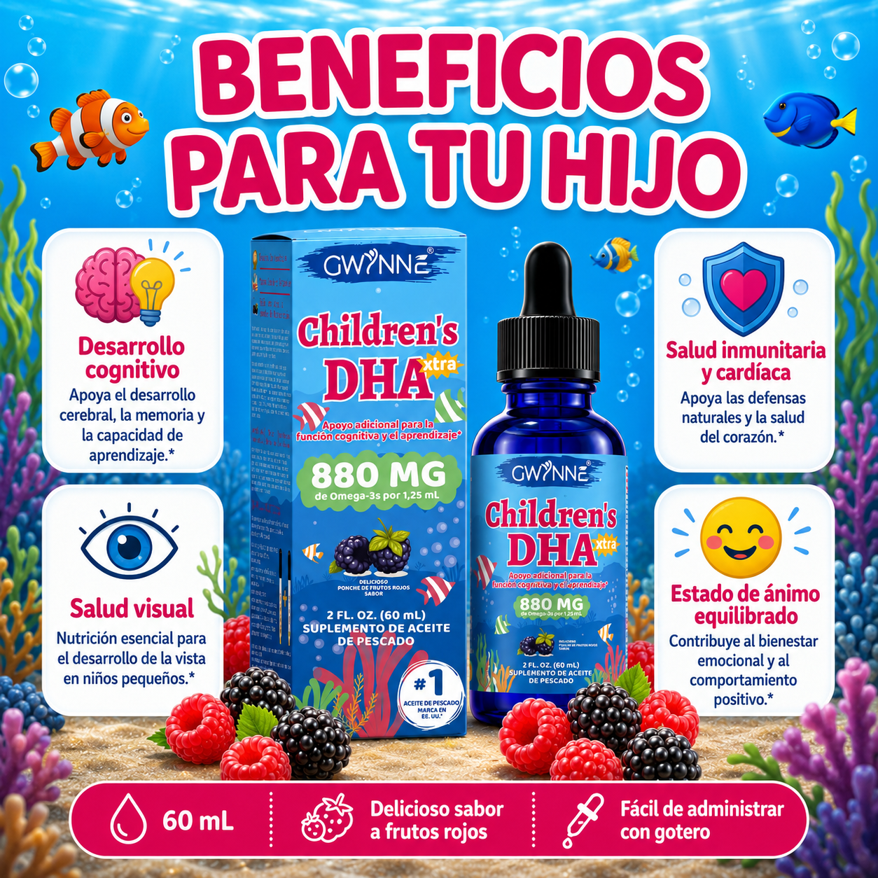Gwynne Dha Xtra Gotas,berry Punch Para Niños 60ml - 880 Mg Total Omega-3 Con Epa Y Dha - Función Cognitiva E Inmune, Aprendizaje,desarrollo Social,48 Porciones