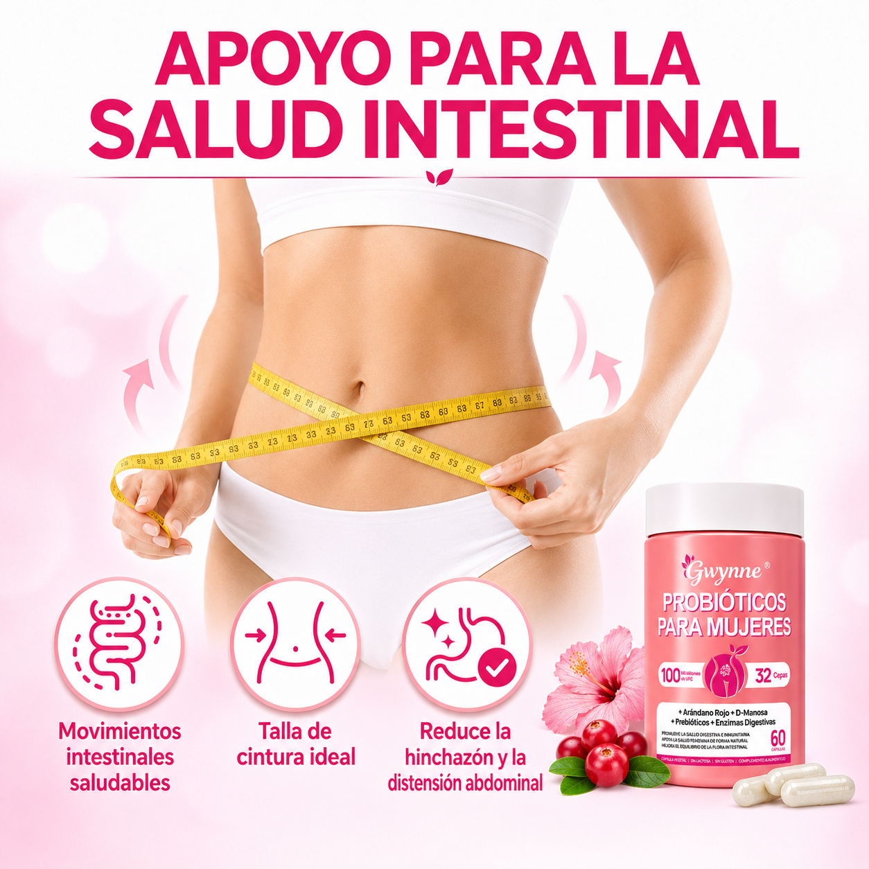 Gwynne Vaginal Probióticos Para Mujeres 100m Ufc + 32cepas,conprebioticos,enzimas Digestivas,arándano Rojo Y D-manosa, Apoyo Vaginal Y Digestivo,60 Cápsulas