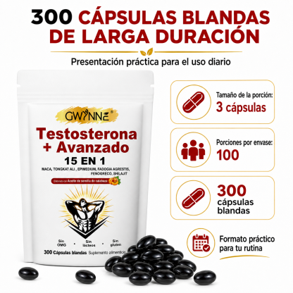 GWYNNE 15‑en‑1 Testosterona Avanzado Suplemento 300 Cápsulas con Maca,Tongkat Ali y Shilajit