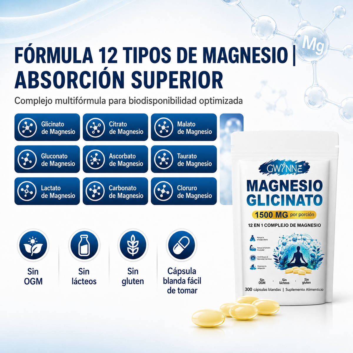 GWYNNE 12 en 1 Complejo de Magnesio 1500mg,con Glicinato De Magnesio,Citrato De Magnesio,Óxido De Magnesio,Musculo Relajación,300 bland Cápsulas