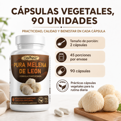 GWYNNE Pura Melena de León 1200 mg,apoyo Foco y cognición,90 Cápsulas