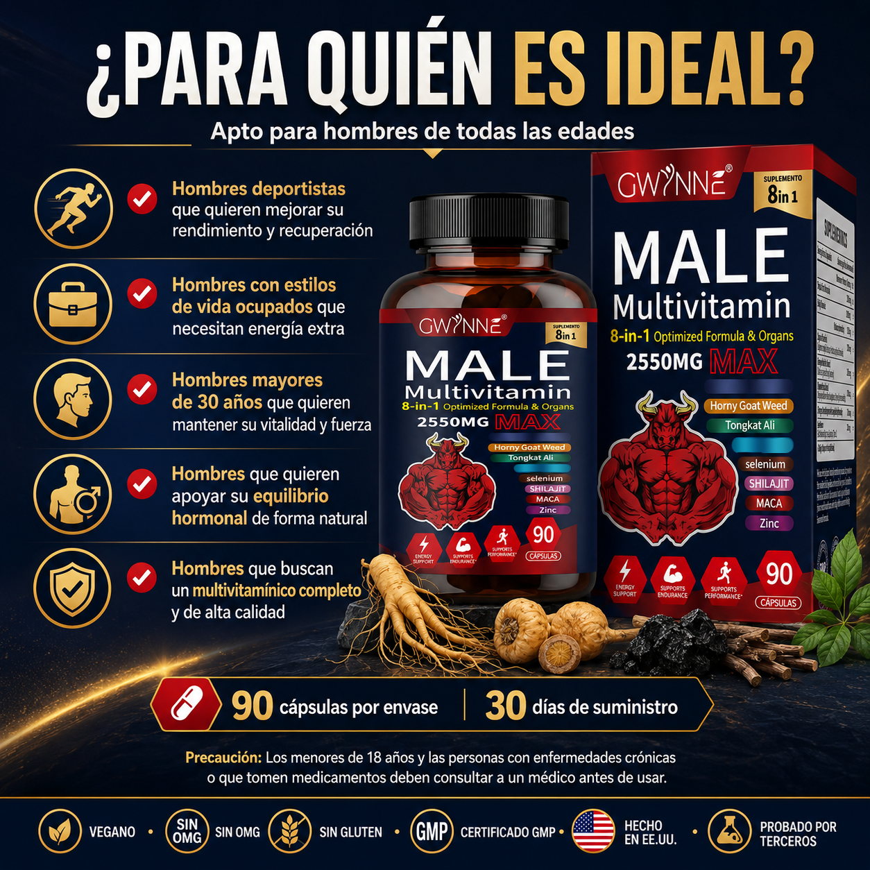 Gwynne Multivitamina Para Hombre 90 Cápsula,8 En 1 Multivitaminas Para Hombres Diarias 2550 Mg Max Con Zinc,shilajit,horny Goat Weed,etc,apoyo A La Energía Físicas
