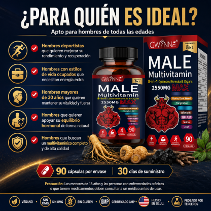 Gwynne Multivitamina Para Hombre 90 Cápsula,8 En 1 Multivitaminas Para Hombres Diarias 2550 Mg Max Con Zinc,shilajit,horny Goat Weed,etc,apoyo A La Energía Físicas