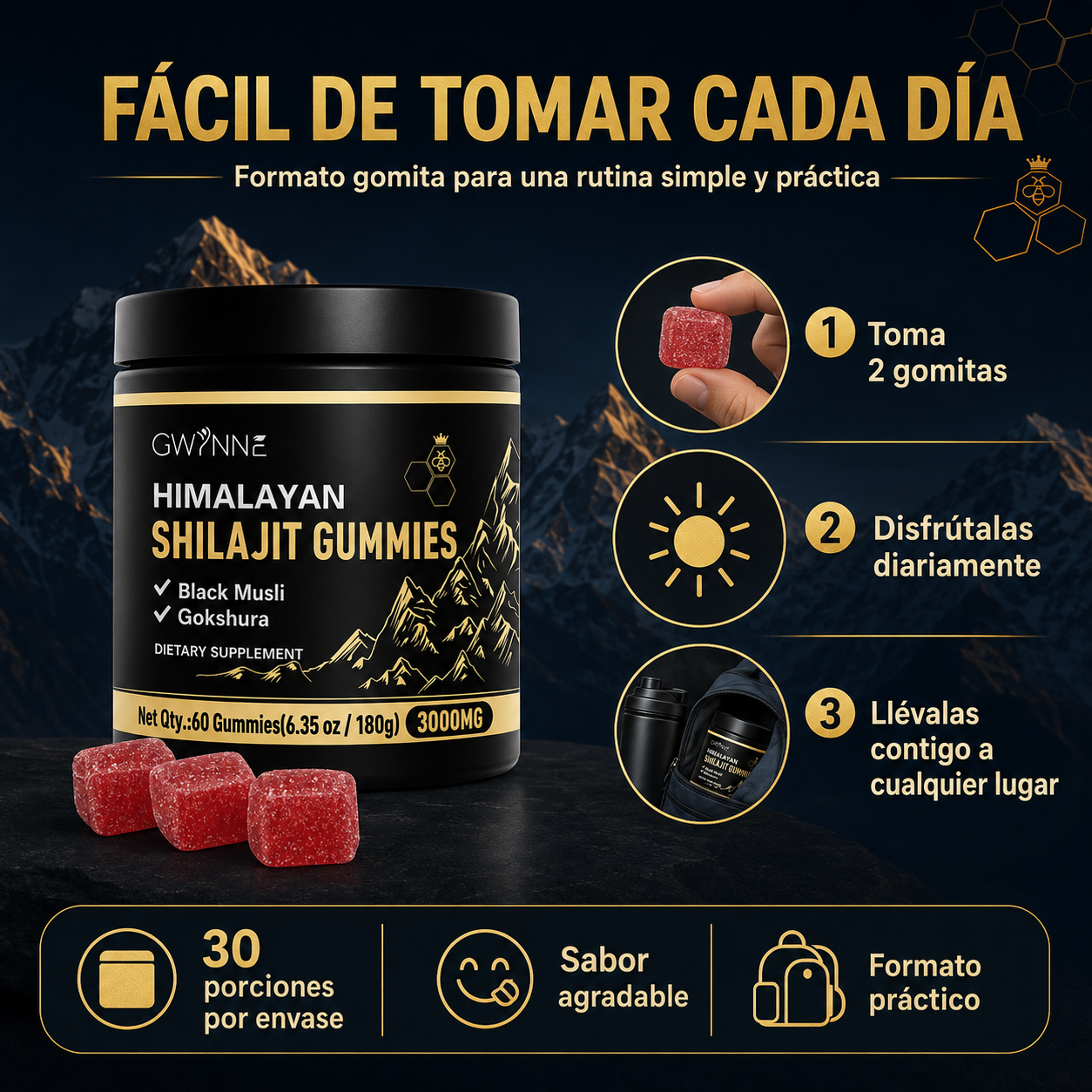 Gwynne Shilajit Gummies 3000mg Para Hombres Y Mujeres 60 Gummies: Shilajit Gummies Puro Del Himalaya Ácido Fúlvico Y 85+ Oligoelementos Sin Azúcar Añadido