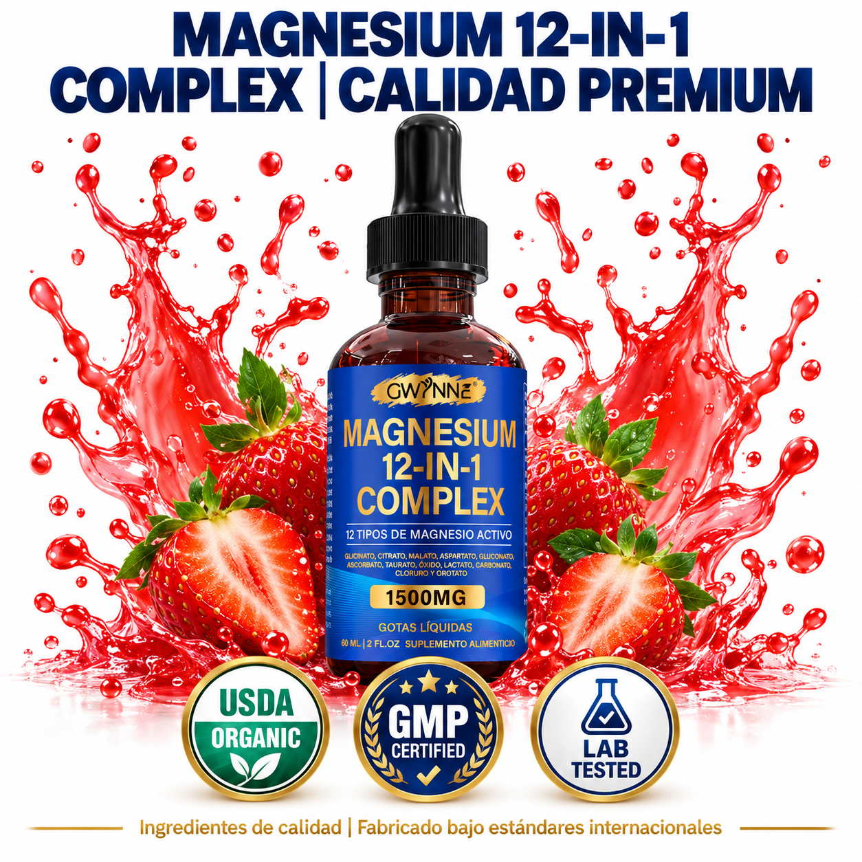 GWYNNE Complejo de Magnesio 12 en 1 Gotas Líquidas 1500mg,60ml,con Glicinato de Magnesio,Citrato de Magnesio,Malato de Magnesio,etc,para Bienestar Nervioso y Relajación
