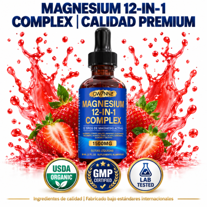 GWYNNE Complejo de Magnesio 12 en 1 Gotas Líquidas 1500mg,60ml,con Glicinato de Magnesio,Citrato de Magnesio,Malato de Magnesio,etc,para Bienestar Nervioso y Relajación