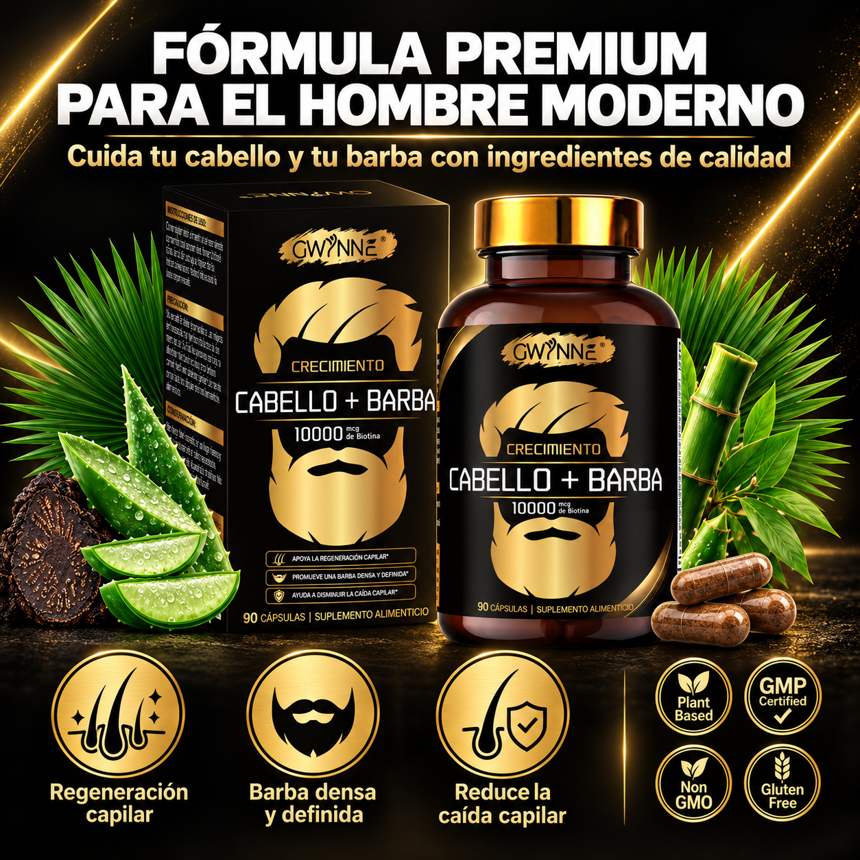 Gwynne crecimiento Cabello y Barba Suplemento 90 Cápsulas con Biotina,Zinc