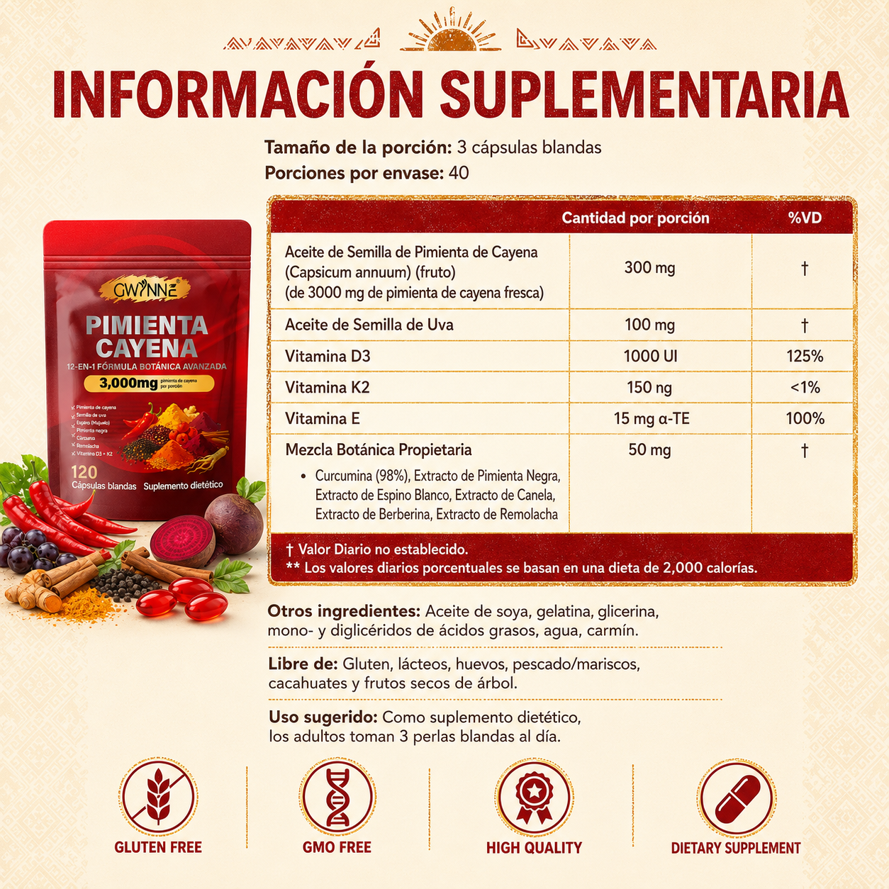 Gwynne Pimienta Cayenne 3000mg 120 Cápsula,suplemento 12 En 1 Con Vitaminas D3,k2 Y E,apoya La Circulación Saludable Y La Energía Diaria,características Berberina,remolacha Y Cúrcuma