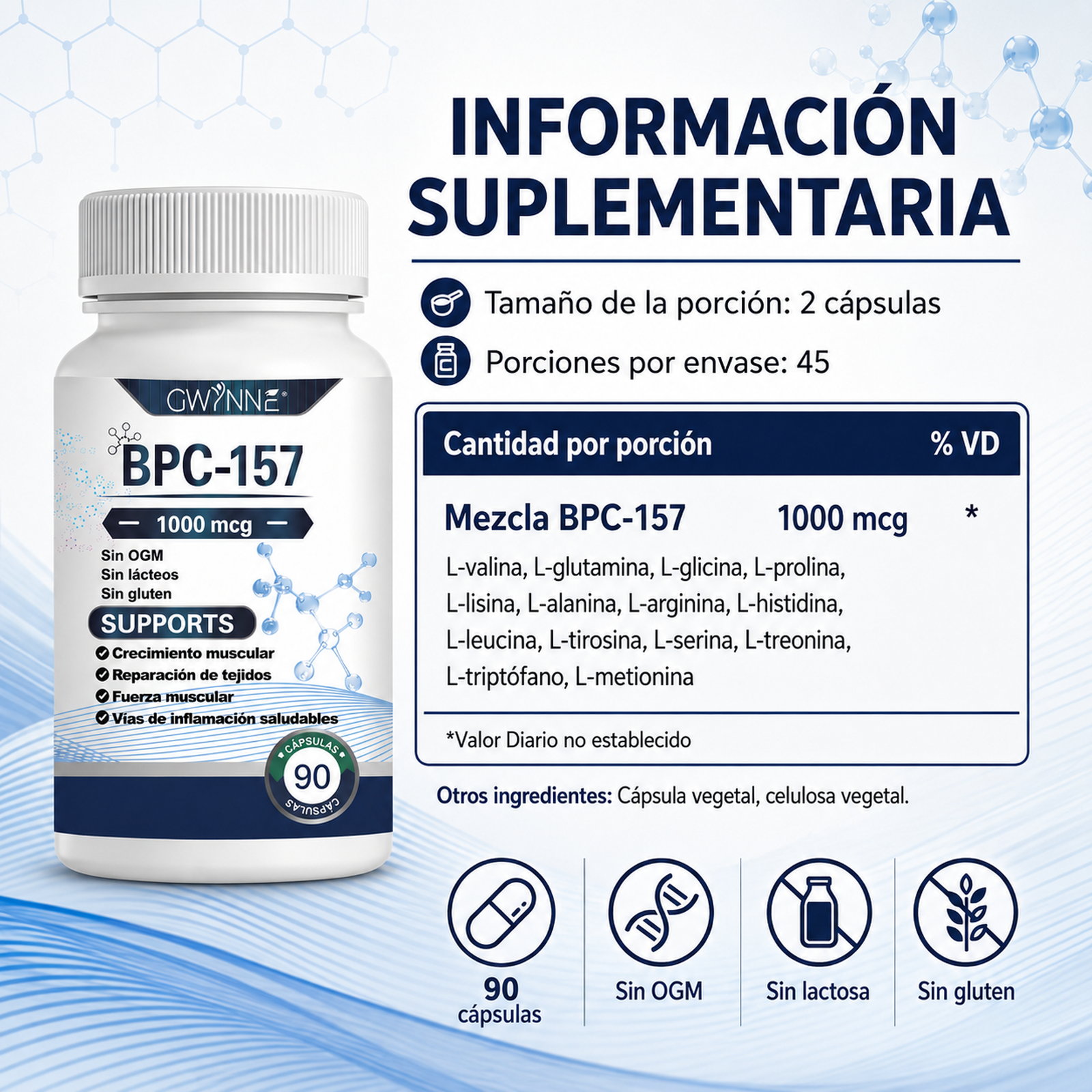 Gwynne Cápsulas De Péptidos Bpc-157 De Alta Potencia Para La Recuperación Muscular Y Del Ejercicio, Recuperación Acelerada Y Curación Intestinal 1000mcg 60 Cápsulas